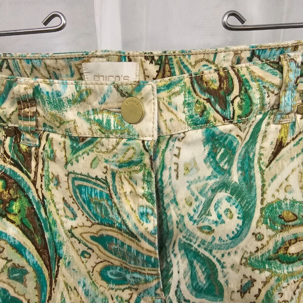 Chico's Pants Green Paisley Festival Boho Summer Grunge Crop Straight 1 (M/8) - Picture 5 of 14
